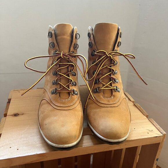 Timberland Size 8.5 M Tan Leather Lace-Up Wedge Heel Ankle Bootie Boots Shoes - Picture 2 of 16